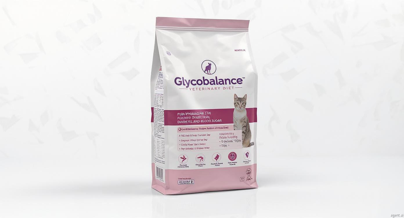 A bag of Glycobalance brand Veterinary Diet cat food, a specialized nutritional product for feline health management.