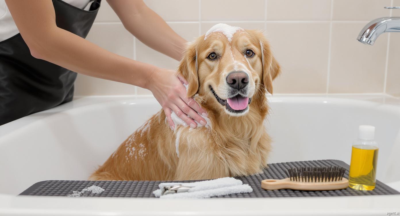 Feature image for the ultimate guide to dog grooming at home, showing a person gently bathing a golden retriever in a home bathroom with essential tools.