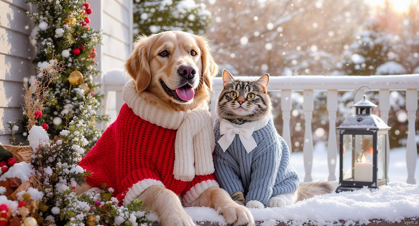 Happy dog and cat together in a snowy landscape wearing warm clothes, symbolizing how to keep your pet safe in winter and joyful before cold dangers strike.