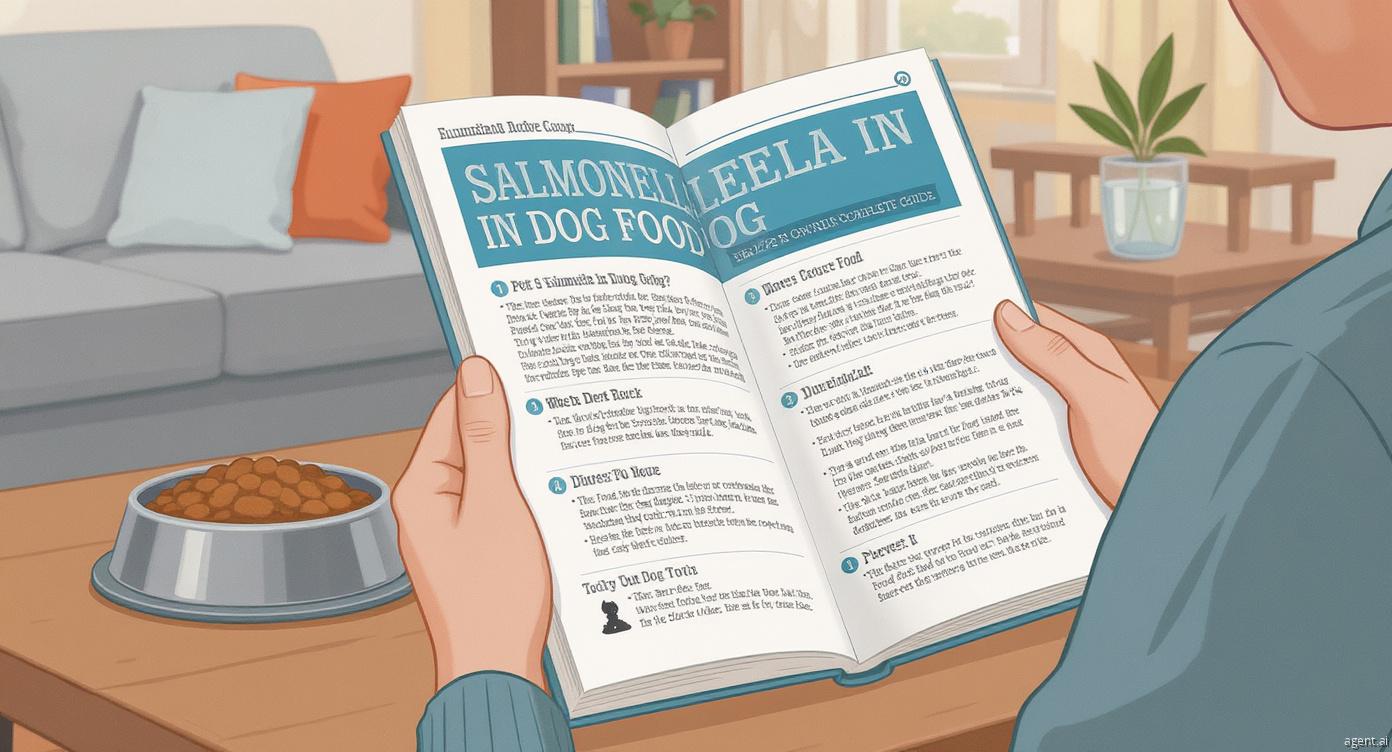 Dog owner reading an article about salmonella in dog food, focusing on pet food safety, dog health risks, and contamination prevention at home.