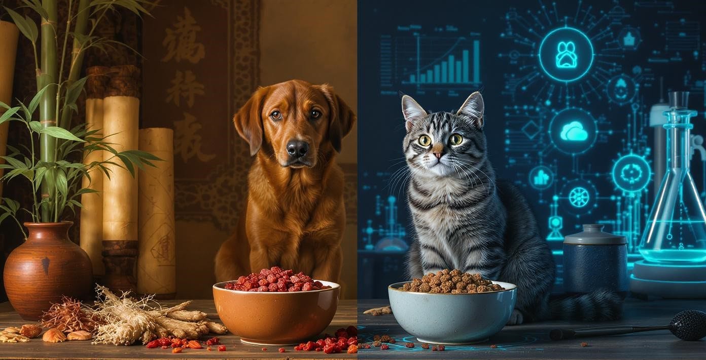 Dog and cat with Chinese herbs and modern science symbols showing the fusion of Traditional Chinese Medicine and modern pet food.