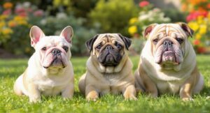 French Bulldog, Pug, and English Bulldog together highlighting health risks in dog breeds at risk