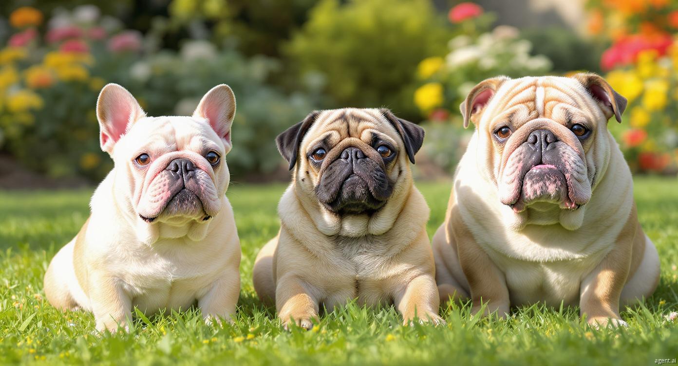 French Bulldog, Pug, and English Bulldog together highlighting health risks in dog breeds at risk