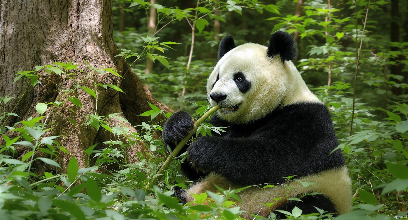 A giant panda eating bamboo in its natural mountain habitat.
