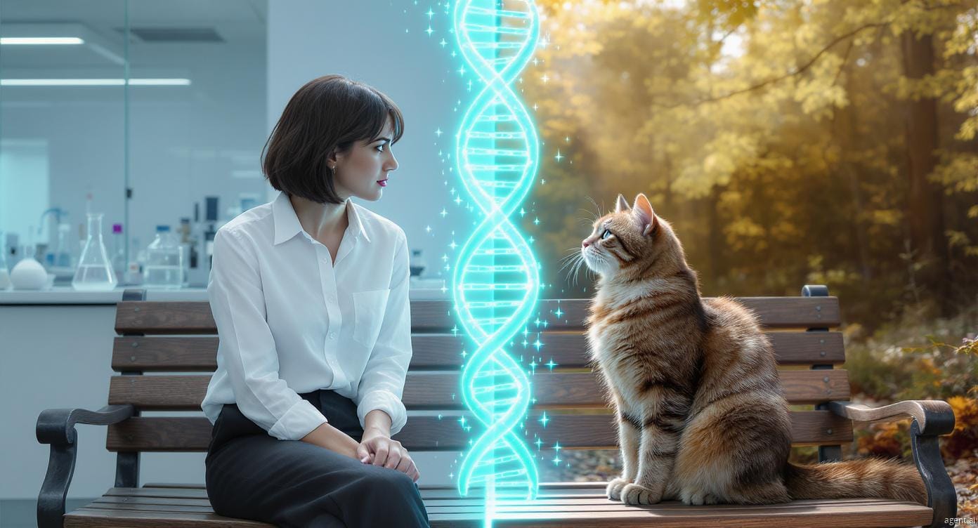 Human and cat sitting side by side with glowing DNA strand showing genetic connection
