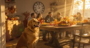Dog and cat sitting safely away from a Thanksgiving dinner table to promote Thanksgiving Pet Safety.