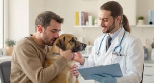 Concerned pet owner with dog at vet learning about vaccines