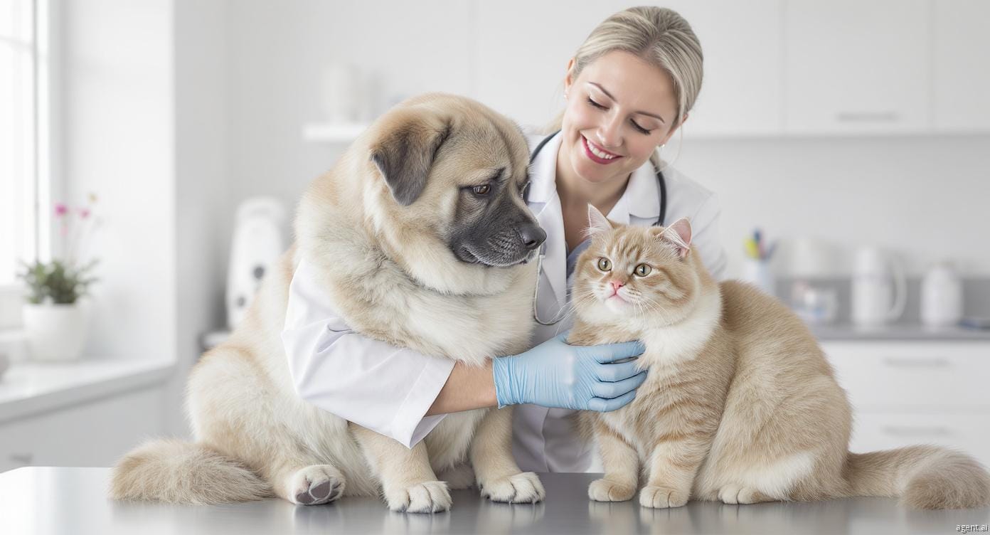 Veterinarian checking Pet’s health for safe weight loss plan.