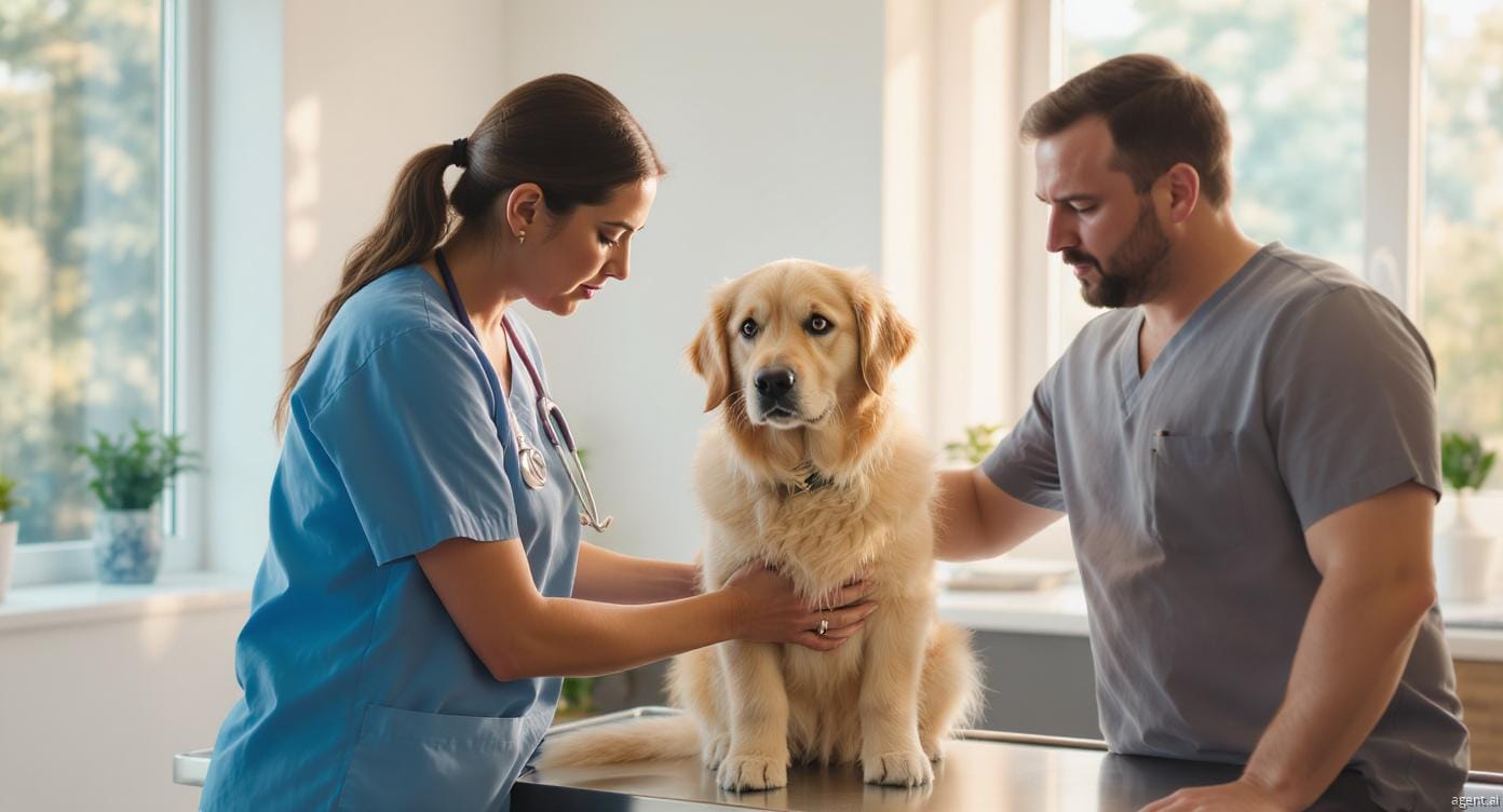 Veterinarian examining a Golden Retriever for warning signs in dogs during a health check-up.