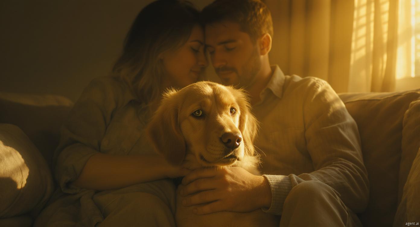 Dog bonding with spouse in cinematic cozy home scene