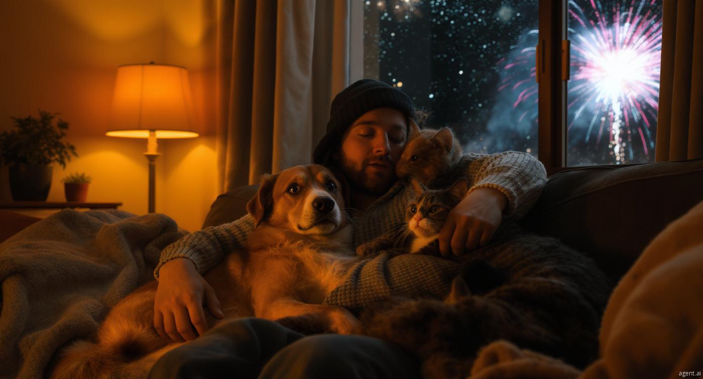 Owner creating a safe indoor environment to Calm Pets Terrified by New Year Eve Fireworks during loud celebrations.