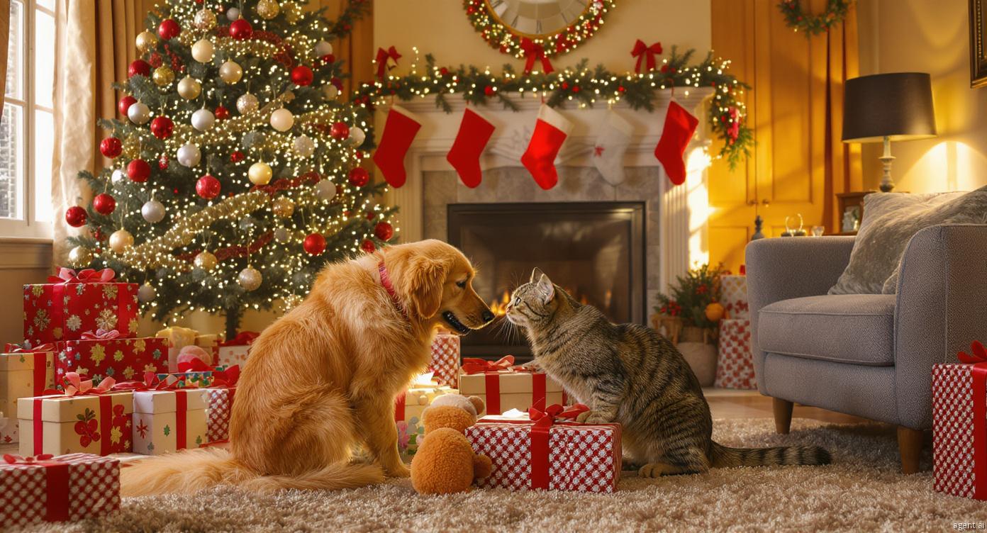 festive holiday pet gifts arranged safely for dogs and cats